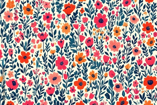 Colorful floral pattern featuring a mix of red orange and blue flowers with lush green leaves perfect for fabric wallpaper or spring themed decor projects