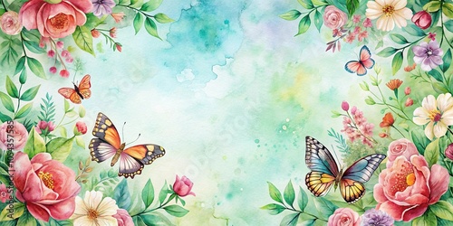 Fototapeta Naklejka Na Ścianę i Meble -  watercolor background with symmetrical flowers and butterflies