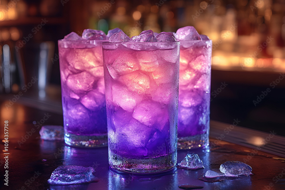 Colorful cocktails in tall glasses filled with ice, featuring vibrant purple and pink hues, set against a softly lit bar backdrop. Colorful cocktails in tall glasses filled with ice, featuring vibrant purple and pink hues, set against a softly lit bar backdrop.