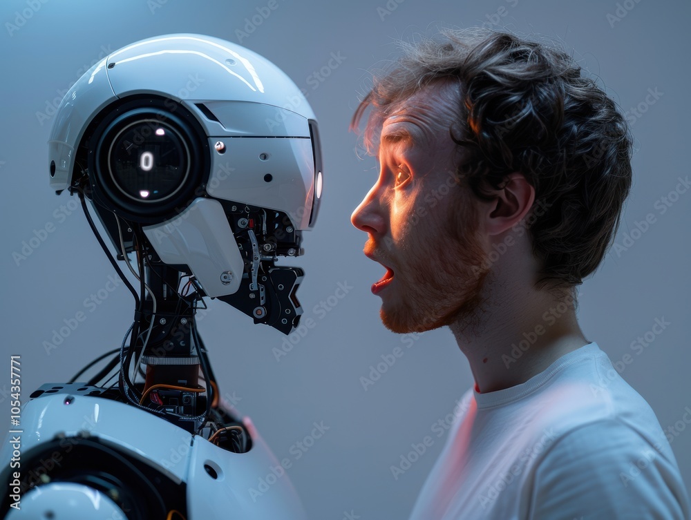 A young man stands face-to-face with a humanoid robot, expressing surprise and showcasing the emotional interaction between humans and artificial intelligence.
