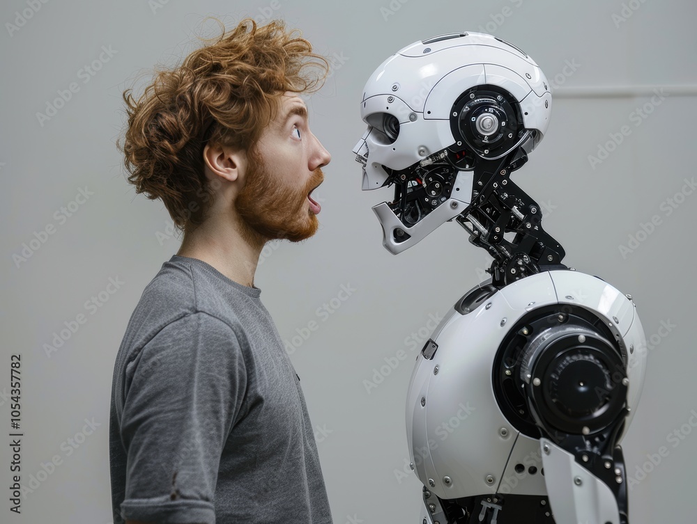A young man shows an expression of surprise as he encounters a black humanoid robot. The image explores human emotions when confronted with future AI advancements.