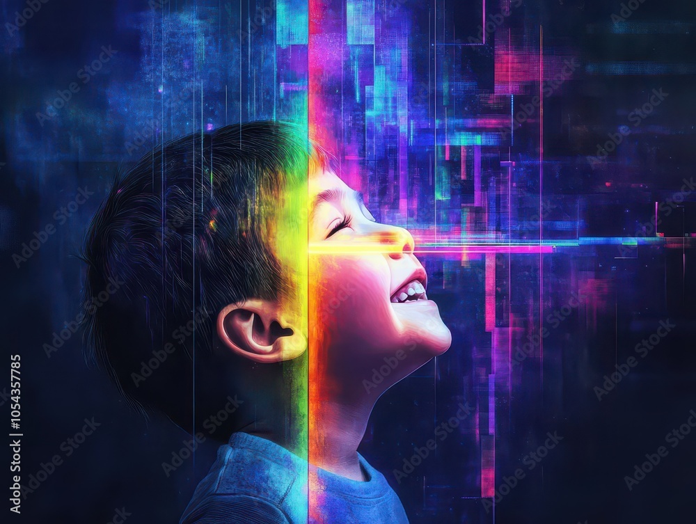A childs joyful face lit by a rainbow hologram, representing pure innocence and happiness, Scifi, Digital painting, Neon colors, Futuristic setting A childs joyful face lit by a rainbow hologram, representing pure innocence and happiness, Scifi, Digital painting, Neon colors, Futuristic setting