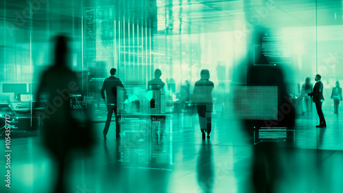 Blurred Silhouettes of People in Motion, Modern Office Environment, Abstract Business Scene, Teamwork, Collaboration, Glass Walls, Futuristic Workplace, Fast-Paced Corporate Life