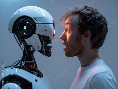 Obraz na płótnie A young man stands face-to-face with a humanoid robot, expressing surprise and showcasing the emotional interaction between humans and artificial intelligence. w salonie