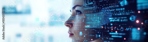 A closeup of a face in deep thought, surrounded by floating mathematical equations and glowing data points, Futuristic, Digital painting, Soft whites and blues