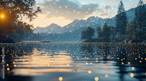 An exquisite portrayal of golden orbs scattered above a tranquil lake, surrounded by majestic mountains, exuding peace, elegance, and a touch of magic. photo