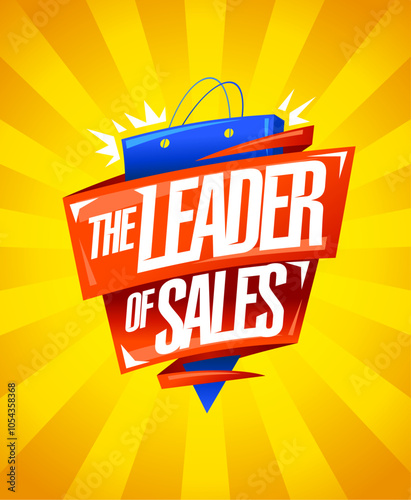 The leader of sales sign design with red ribbons and shopper bag