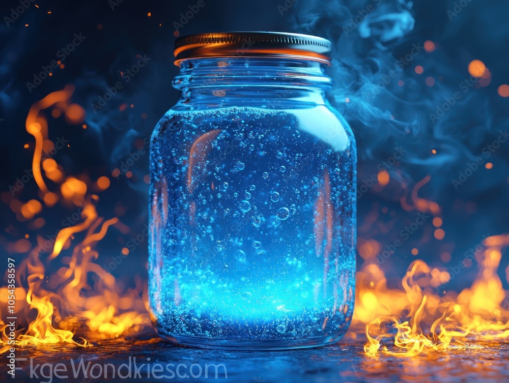 A glass jar filled with a blue, glowing liquid, surrounded by orange flames and smoke A glass jar filled with a blue, glowing liquid, surrounded by orange flames and smoke