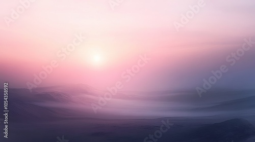 Misty landscape with soft rainbow hues across the horizon