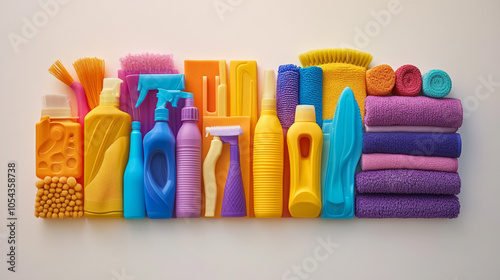 Colorful Cleaning Supplies and Microfiber Cloths on White Background