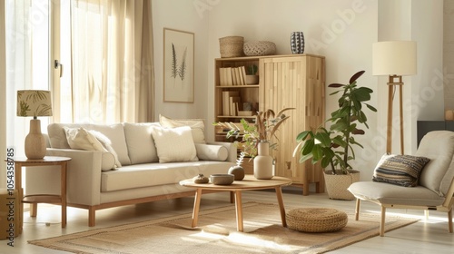 Scandinavian-style living room with light wood furniture and neutral colors, highlighting simplicity and elegance