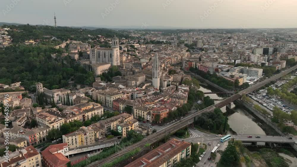 sunset twilight time girona city center riverside traffic aerial panorama 4k spain sunset twilight time girona city center riverside traffic aerial panorama 4k spain