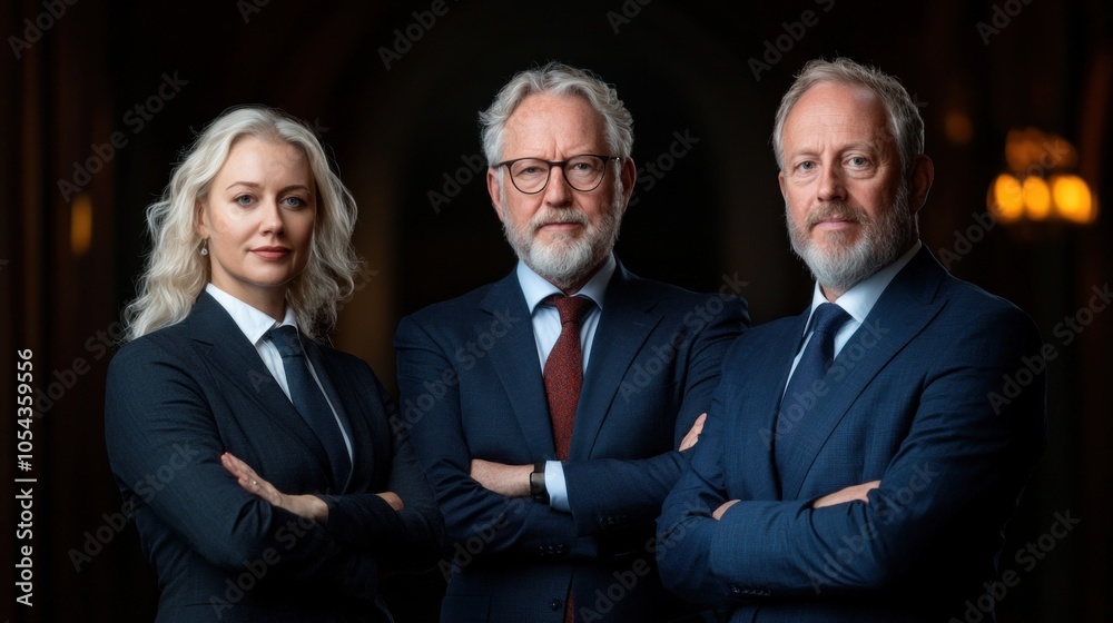 Three professionals stand closely together in formal attire, exuding confidence and authority in a business environment. The ambient lighting highlights their expressions and partnership Three professionals stand closely together in formal attire, exuding confidence and authority in a business environment. The ambient lighting highlights their expressions and partnership