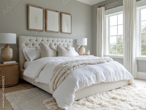 Guest room with light gray walls, a crisp white bed, and a fluffy rug