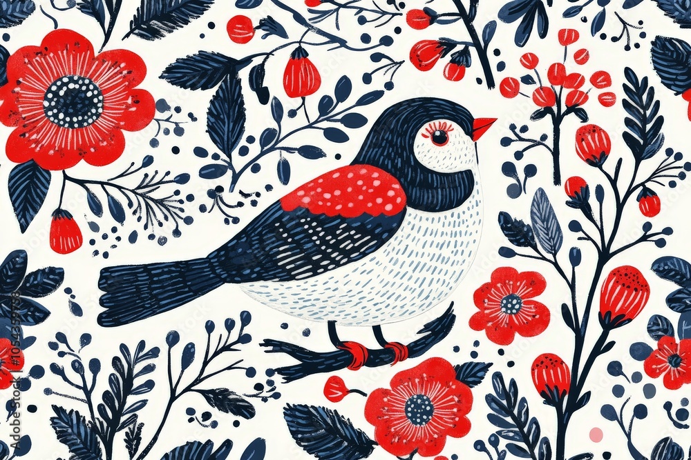 Intricate floral pattern with red and orange flowers set against a dark blue background featuring decorative birds and leaves perfect for textile design wallpaper or decorative art Intricate floral pattern with red and orange flowers set against a dark blue background featuring decorative birds and leaves perfect for textile design wallpaper or decorative art