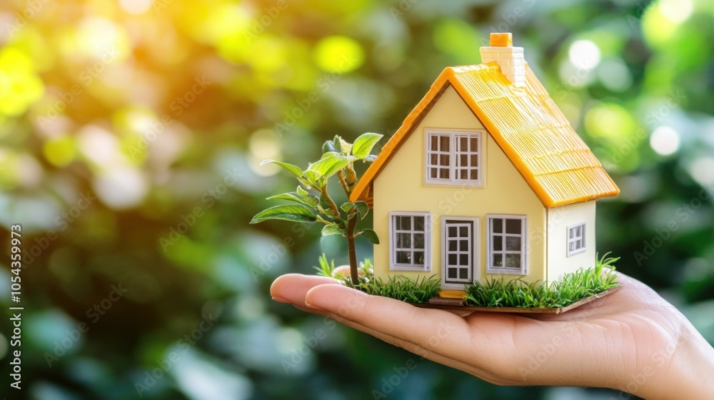 A hand cradles a small model of a house surrounded by vibrant greenery, symbolizing growth and new beginnings in a bright afternoon setting A hand cradles a small model of a house surrounded by vibrant greenery, symbolizing growth and new beginnings in a bright afternoon setting