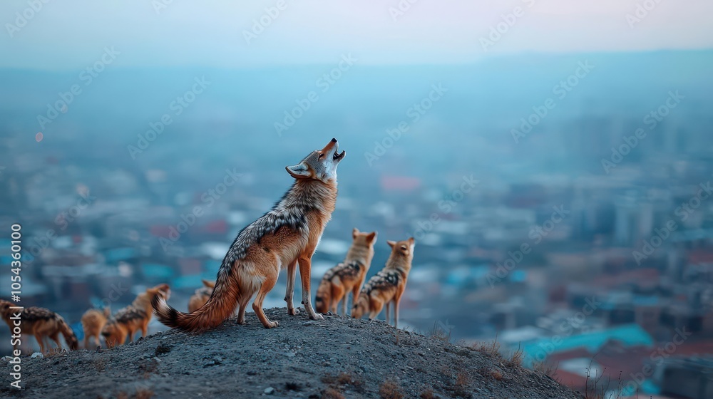 A pack of coyotes howling on top of a hill overlooking a sprawling urban landscape, PostApocalyptic, Desaturated colors, Dramatic lighting