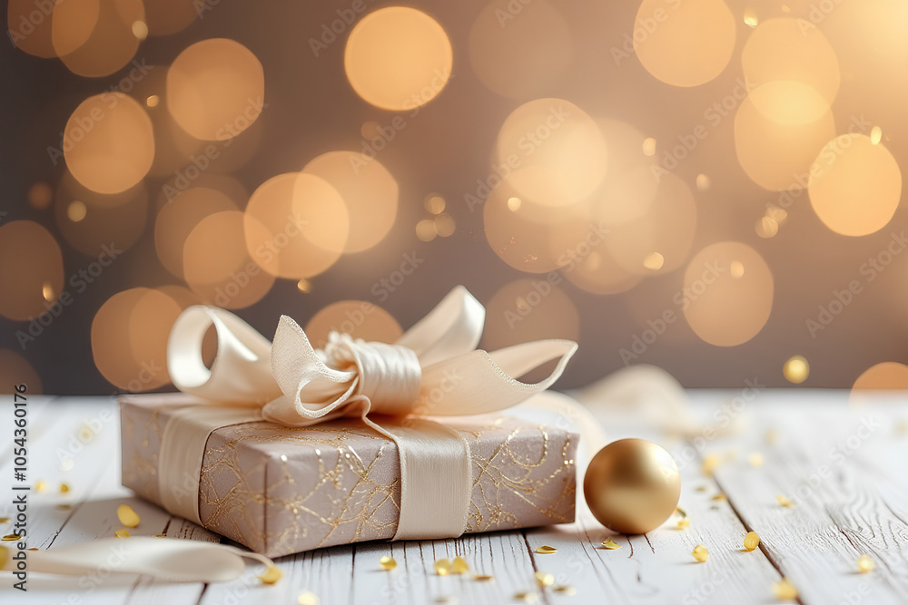 luxury New Year's package that is stitched with gold and silver threads on a wooden table luxury New Year's package that is stitched with gold and silver threads on a wooden table