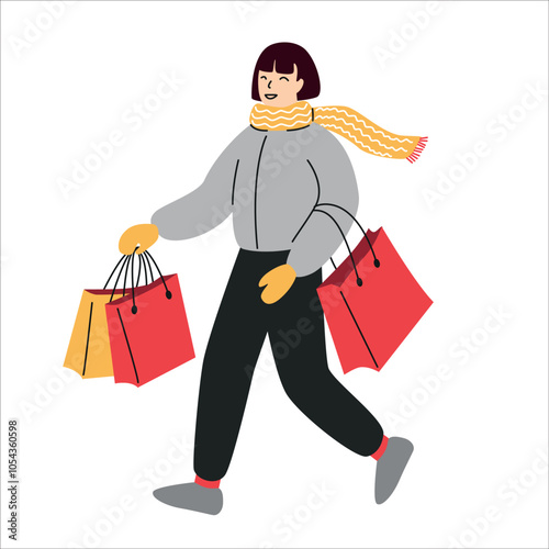 Happy woman with shopping bags illustration. Winter and Christmas sale.