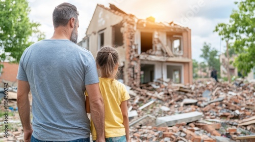 A father and his daughter stand close together, gazing at the remnants of a partially collapsed building surrounded by debris in an area impacted by disaster during the golden hour