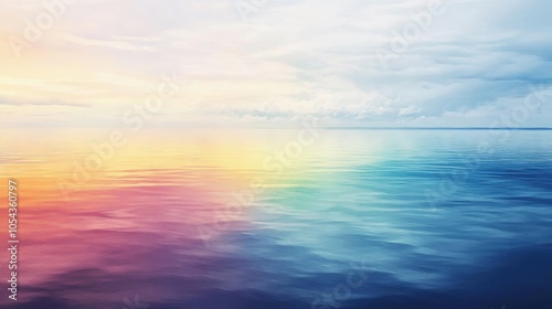 Reflections of rainbow light on a calm lake surface