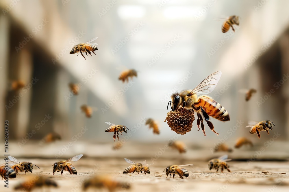 A swarm of bees building a hive inside an abandoned skyscraper, Steampunk, Sepia tones, Intricate details A swarm of bees building a hive inside an abandoned skyscraper, Steampunk, Sepia tones, Intricate details