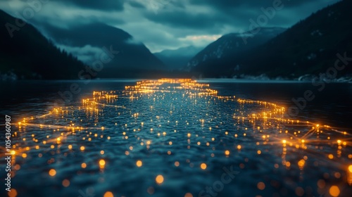 A serene river enhanced by soft, glowing yellow lights under an overcast sky, with majestic mountains in the background, creating a mystical ambiance. photo