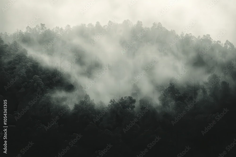 Mist envelops a dense forest at dawn, creating a mysterious and tranquil atmosphere in the early morning light