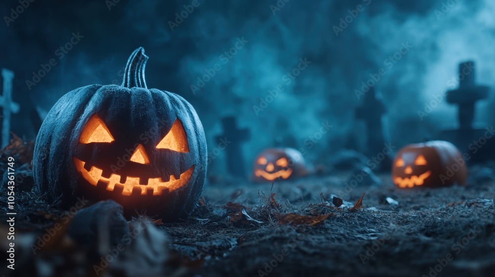 Fototapeta premium Spooky graveyard with fog and jack-o-lanterns, illustrating the eerie atmosphere of Halloween night