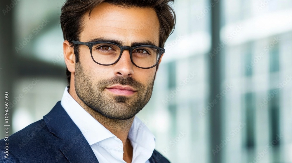 A stylish man stands confidently in a contemporary office environment, wearing glasses and a suit, radiating professionalism during business hours A stylish man stands confidently in a contemporary office environment, wearing glasses and a suit, radiating professionalism during business hours