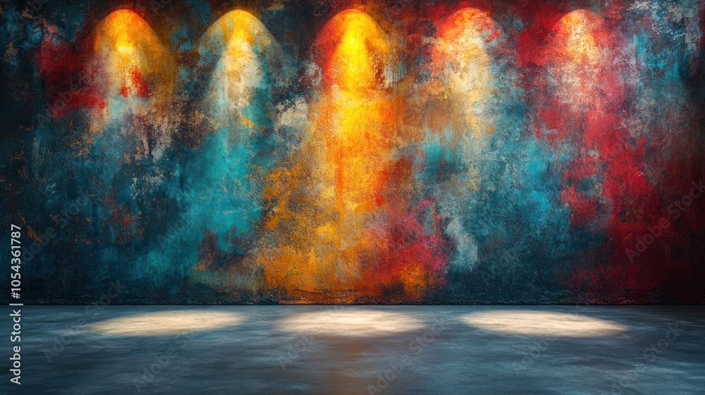 Obraz premium A vibrant wall displays a mix of red, blue, and yellow colors, illuminated by bright spotlights, creating an artistic environment for an upcoming event or performance