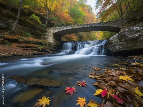 Autumn Waterfall with Stone Bridge and Colorful Leaves photo