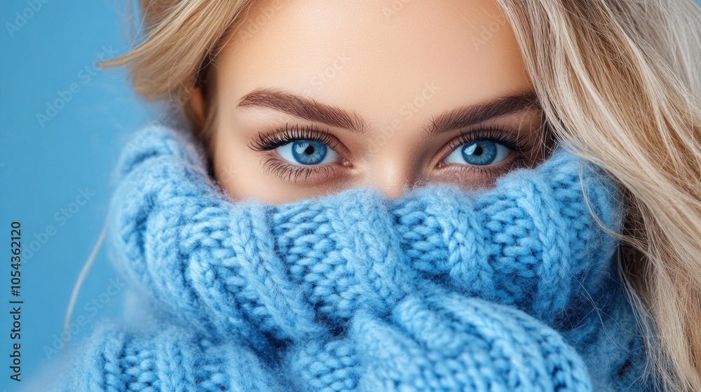 A woman gazes intently with her captivating blue eyes peeking out from a thick, knitted blue scarf. The soft blue background enhances the chilly winter vibe A woman gazes intently with her captivating blue eyes peeking out from a thick, knitted blue scarf. The soft blue background enhances the chilly winter vibe