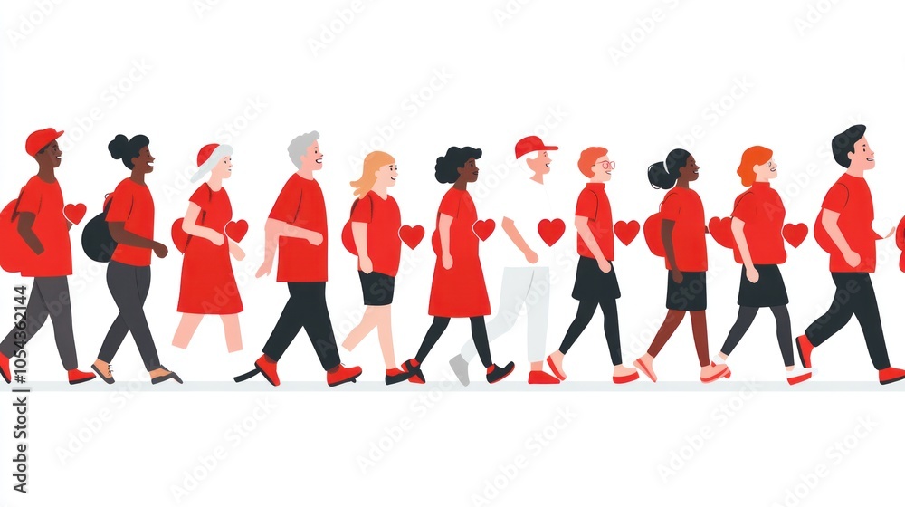 Diverse group of people walking in a line, all wearing red shirts with hearts on them, representing community, charity, and unity. Diverse group of people walking in a line, all wearing red shirts with hearts on them, representing community, charity, and unity.