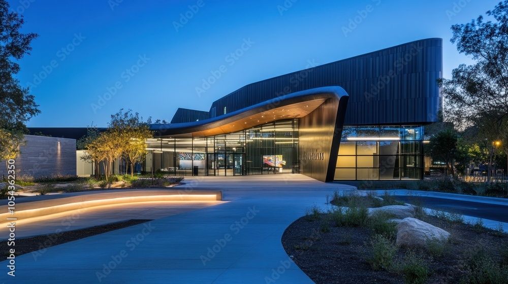 Fototapeta premium Modern building with a curved facade and glass entryway at dusk.