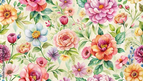 watercolor blooming flowers background in seamless pattern