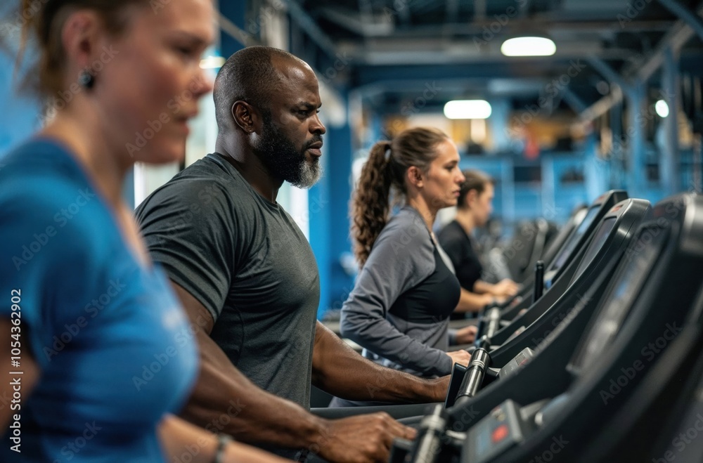 A diverse group of people can be seen riding treadmills in a gym A diverse group of people can be seen riding treadmills in a gym