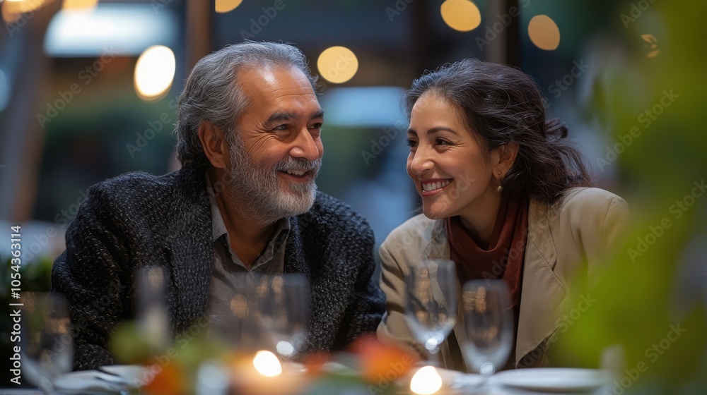 Middle-aged Middle Eastern couple enjoying a romantic dinner in a cozy restaurant at night Middle-aged Middle Eastern couple enjoying a romantic dinner in a cozy restaurant at night