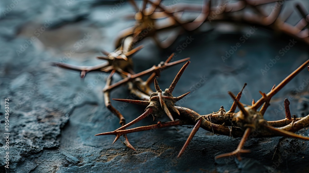 Crown of thorns on dark background. Easter holiday, Christian concept of suffering Crown of thorns on dark background. Easter holiday, Christian concept of suffering