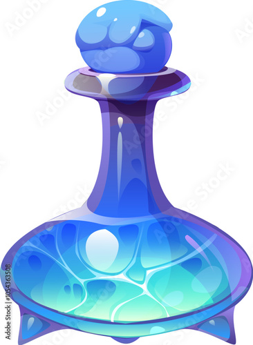 Potion bottle with ice and frost, witch magic Halloween elixir or poison. Cartoon vector magical spell clogged in glass flask with glowing crystals and sparks. Witch freezing brew, wizardry drink