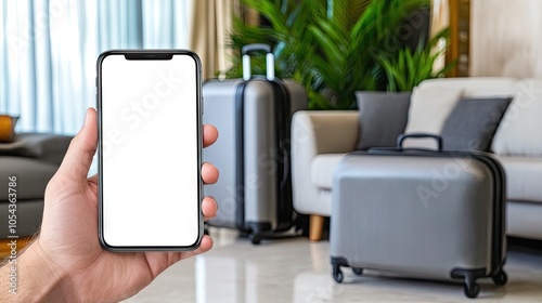 A hand holds a smartphone displaying a blank screen while travel luggage waits in a chic living room, perfectly balancing leisure and planning photo