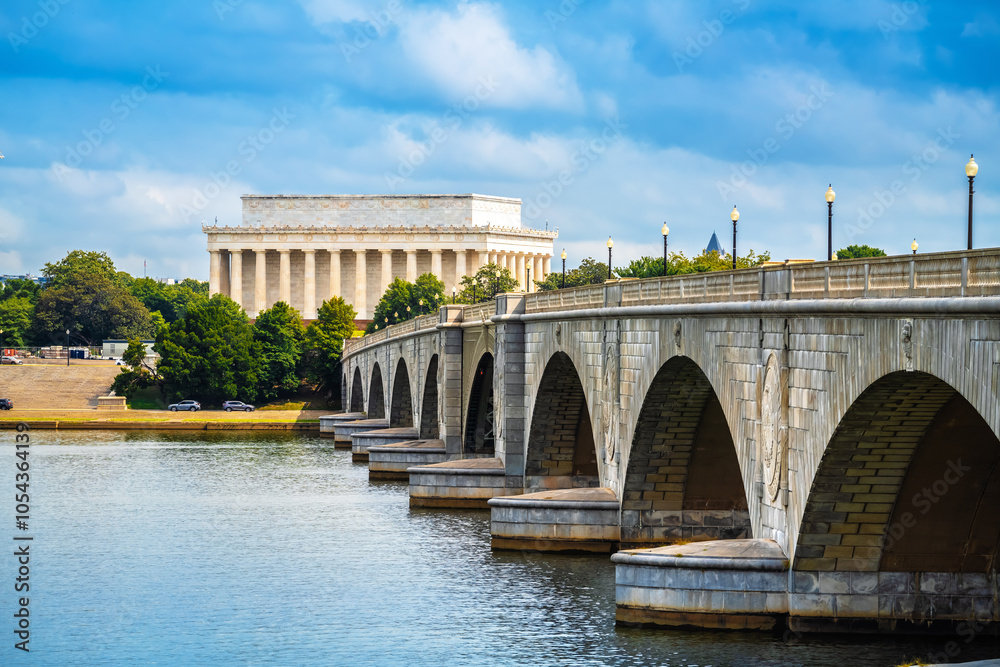 Arlington Memorial Bridge and Washington DC landmarks view