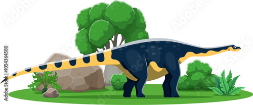 Magyarosaurus cartoon prehistoric dinosaur character. Isolated vector ancient herbivore reptile animal in natural environment with rock, tree and plants. Late cretaceous paleontology era lizard
