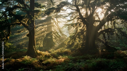 beautiful forest canopy sunlight trees light shadow mist landscape nature sunset sunrise photo