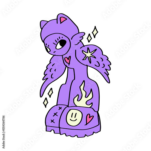 Groovy cartoon y2k violet purple color cartoon character sketch doodle illustration clip-art. Good for stickers, t shirt print and more.