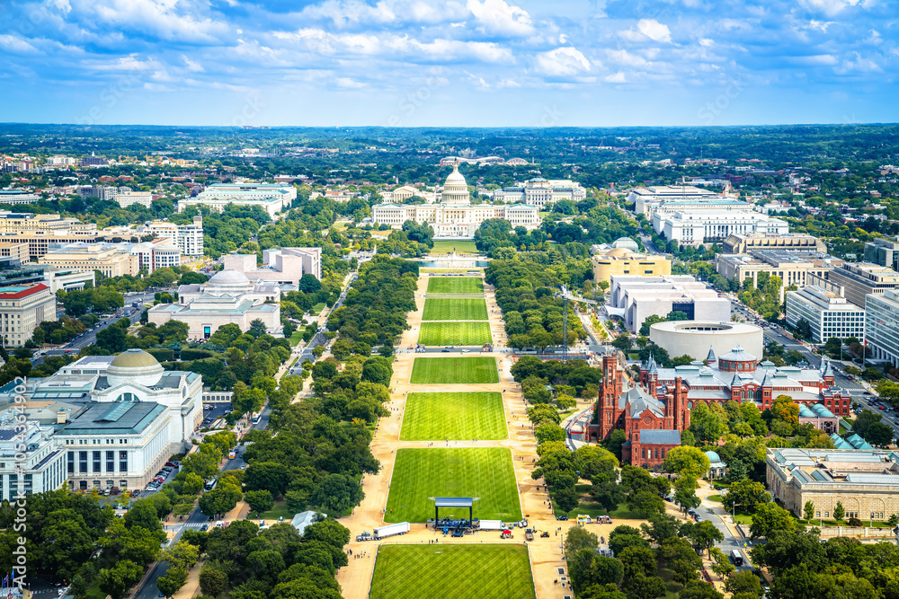 Washington DC cityscape aerial panoramic view, US Capitol and the mall view