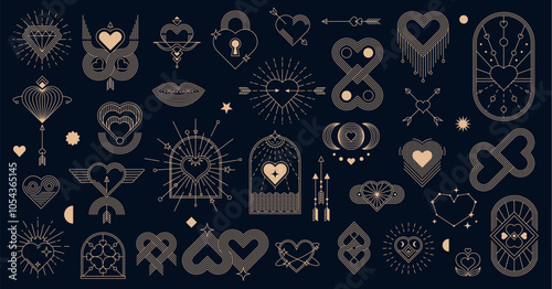 Golden boho Valentine symbols, celestial and mystic icons with esoteric elements, line vector. Boho love hearts, cupid arrows and stars, diamond gem, sun and Tarot keylock in celestial constellation