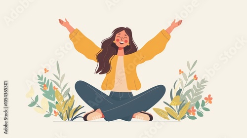 Happy woman sits on the floor with open arms. Young girl makes morning stretch. Smiling female character enjoys her freedom and life. Body positive and health care concept. 