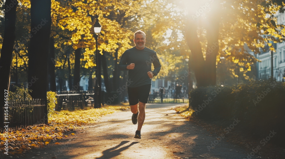 Man jogging in a park during sunset radiates happiness and vitality Man jogging in a park during sunset radiates happiness and vitality