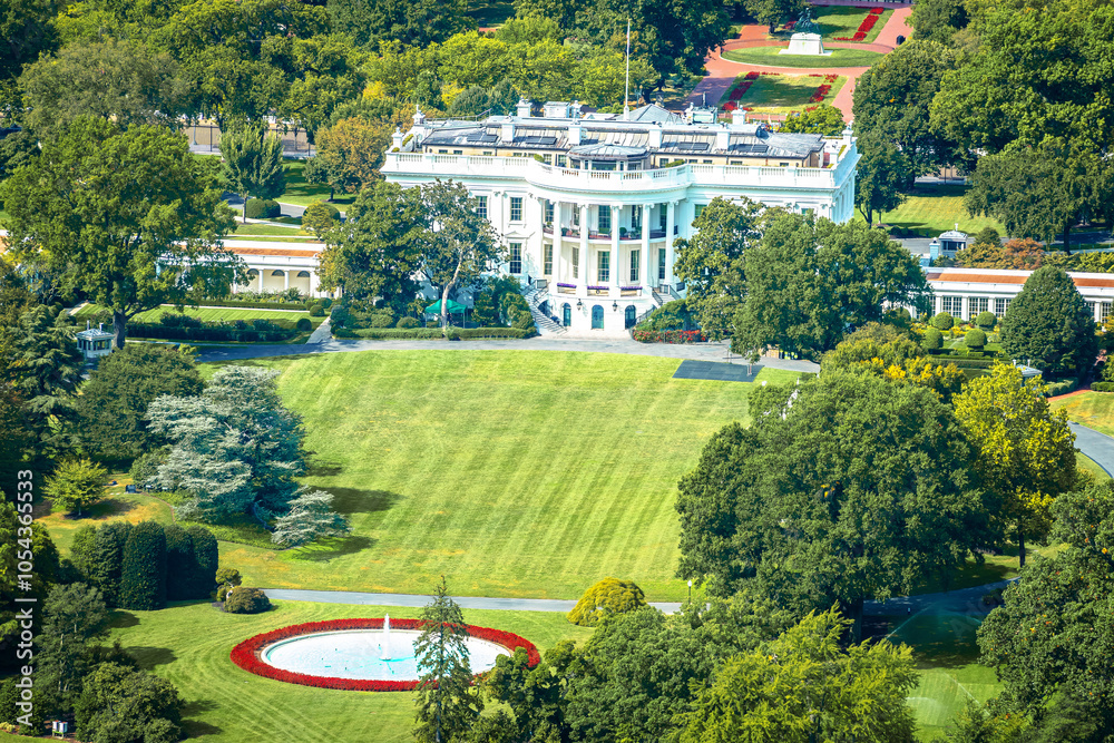 Washington DC. White House back side aerial panoramic view, residence of US president